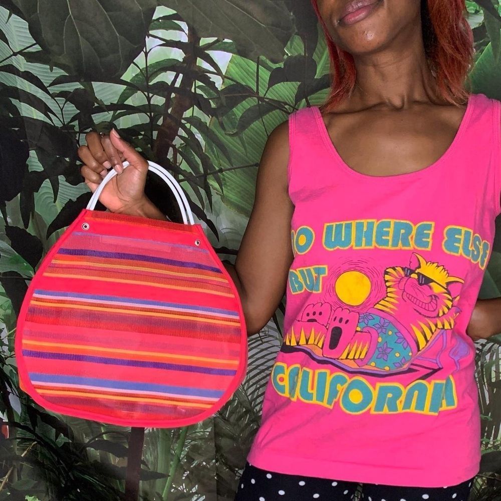 Vintage mesh beach bag purse stripes summer spring vacation date love swim